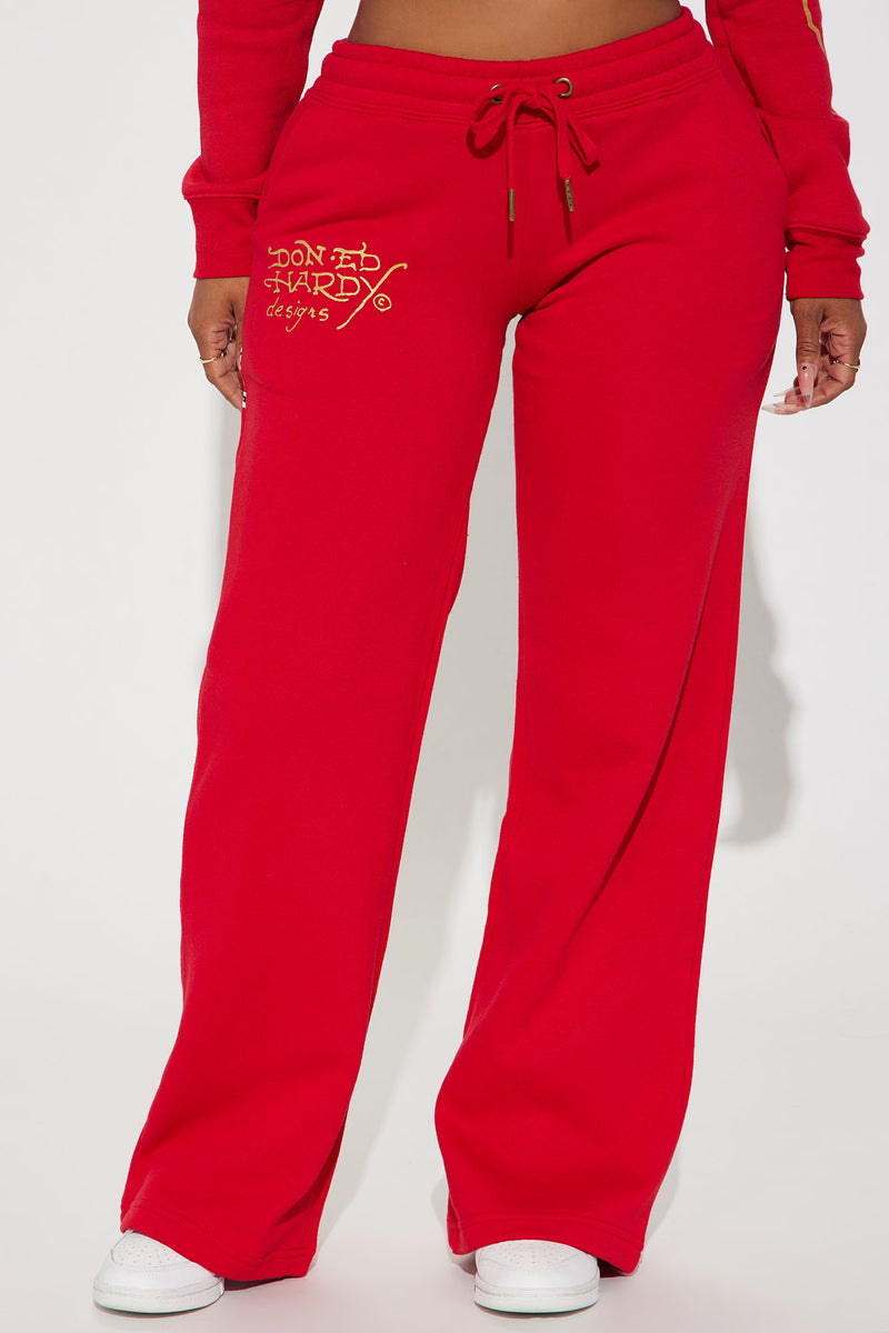 Broken Hearts Ed Hardy Wide Leg Pant Red Fashion Nova Screens Tops