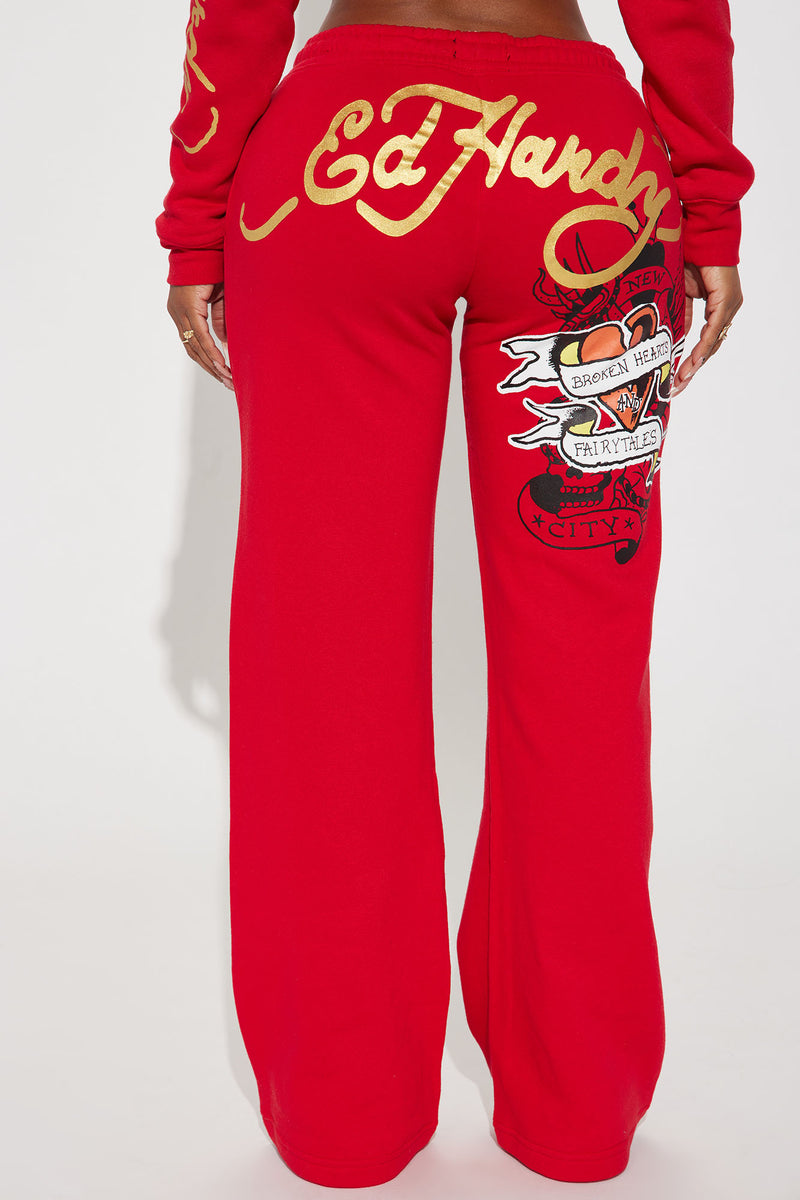 Broken Hearts Ed Hardy Wide Leg Pant Red Fashion Nova Screens Tops