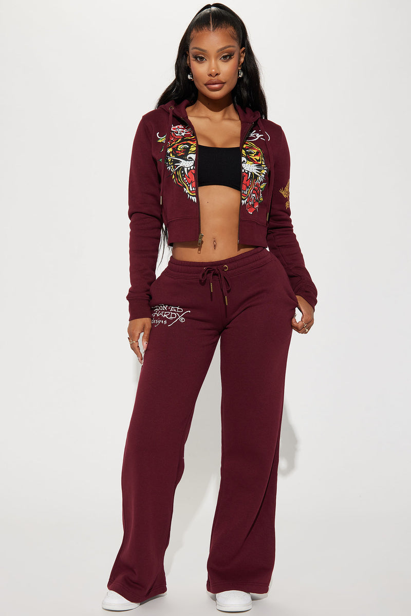 Retro Tiger Ed Hardy Zip Front Hoodie Burgundy
