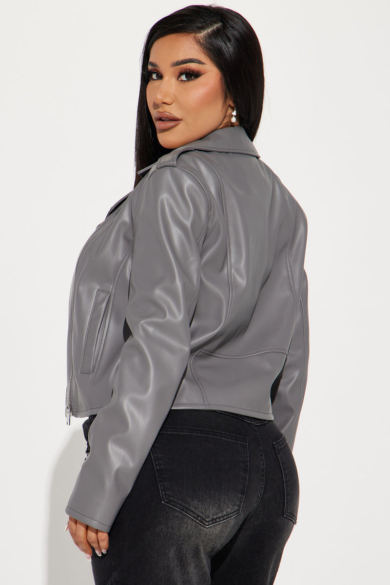 Grey faux leather jacket womens shop