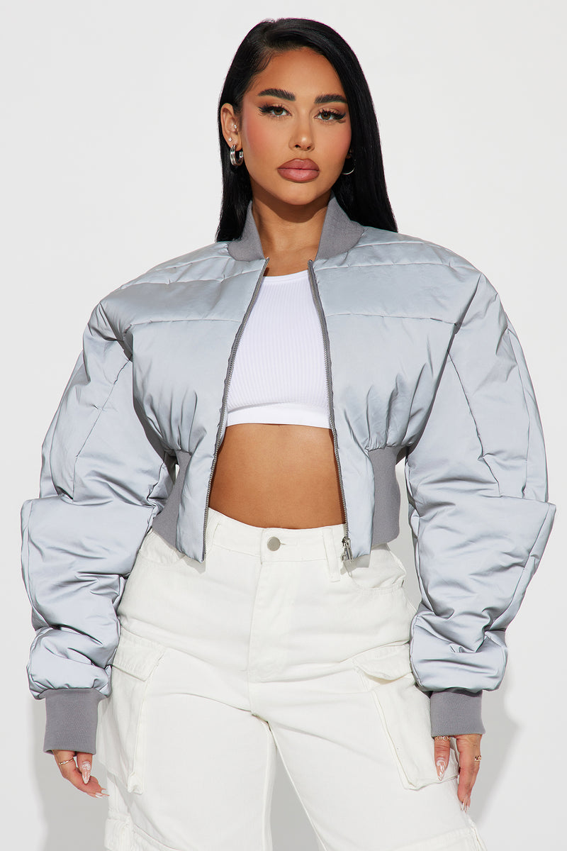 Reflective puffer jacket fashion nova discount