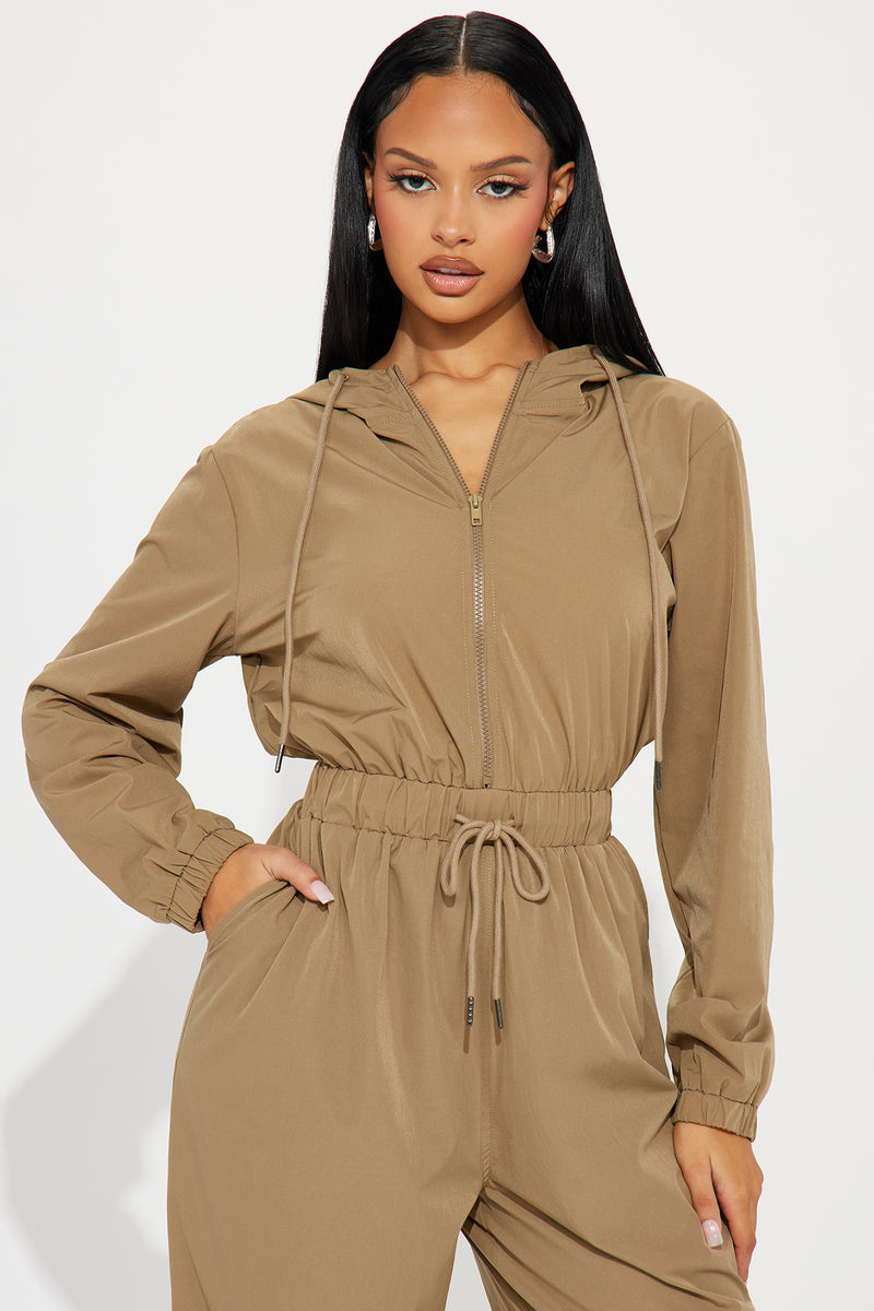 In My Sporty Era Windbreaker Jumpsuit Olive Fashion Nova