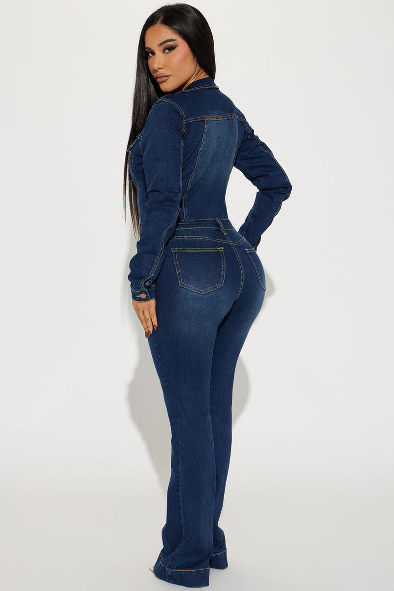 Only long sleeve jumpsuit in light blue denim