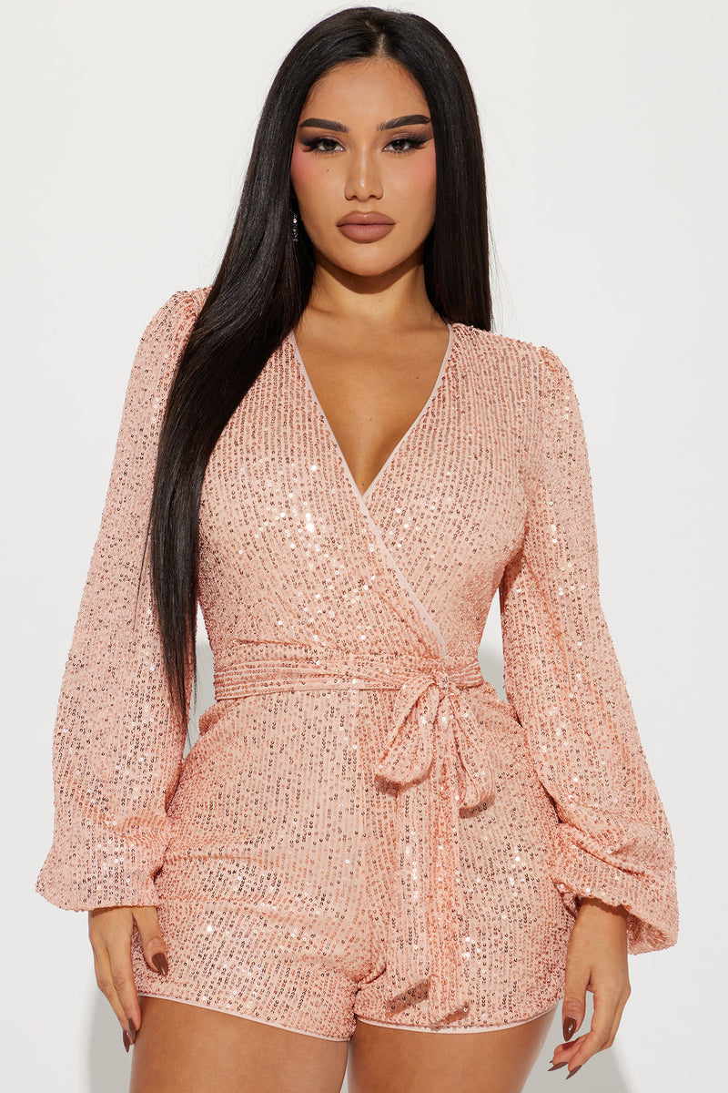 Take Me Dancing Sequin Romper Rose Gold Fashion Nova Rompers