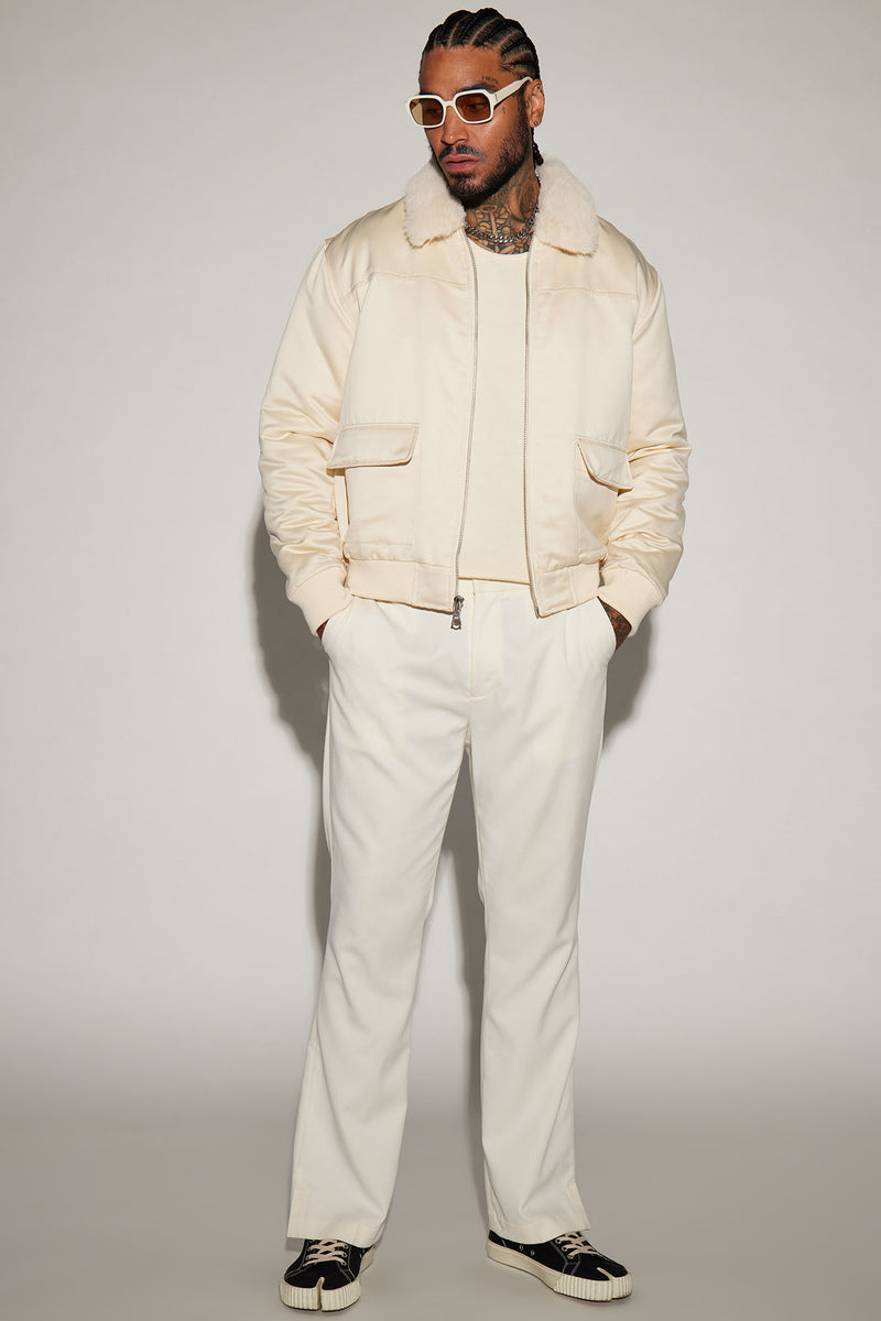 Faux Fur Collar Aviator Bomber Jacket Cream