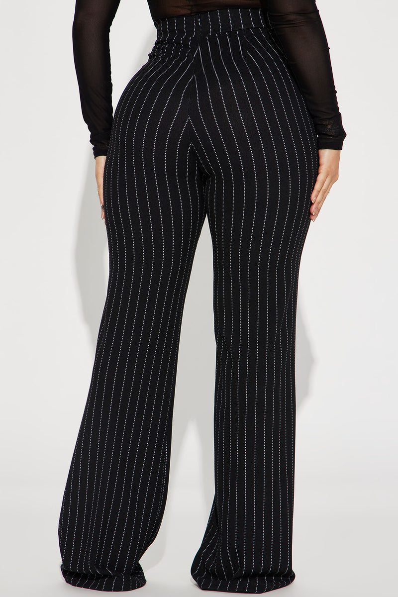 White and black pinstripe pants best sale