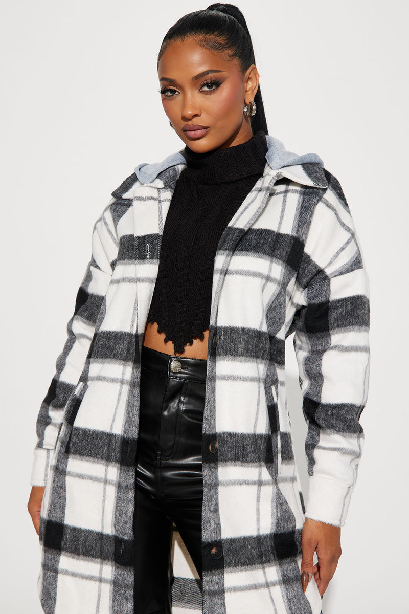 Veronica Hooded Plaid Shacket Black White Fashion Nova