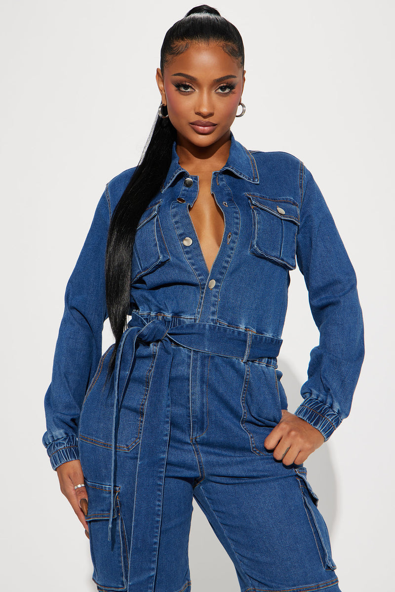 Dark wash store denim jumpsuit
