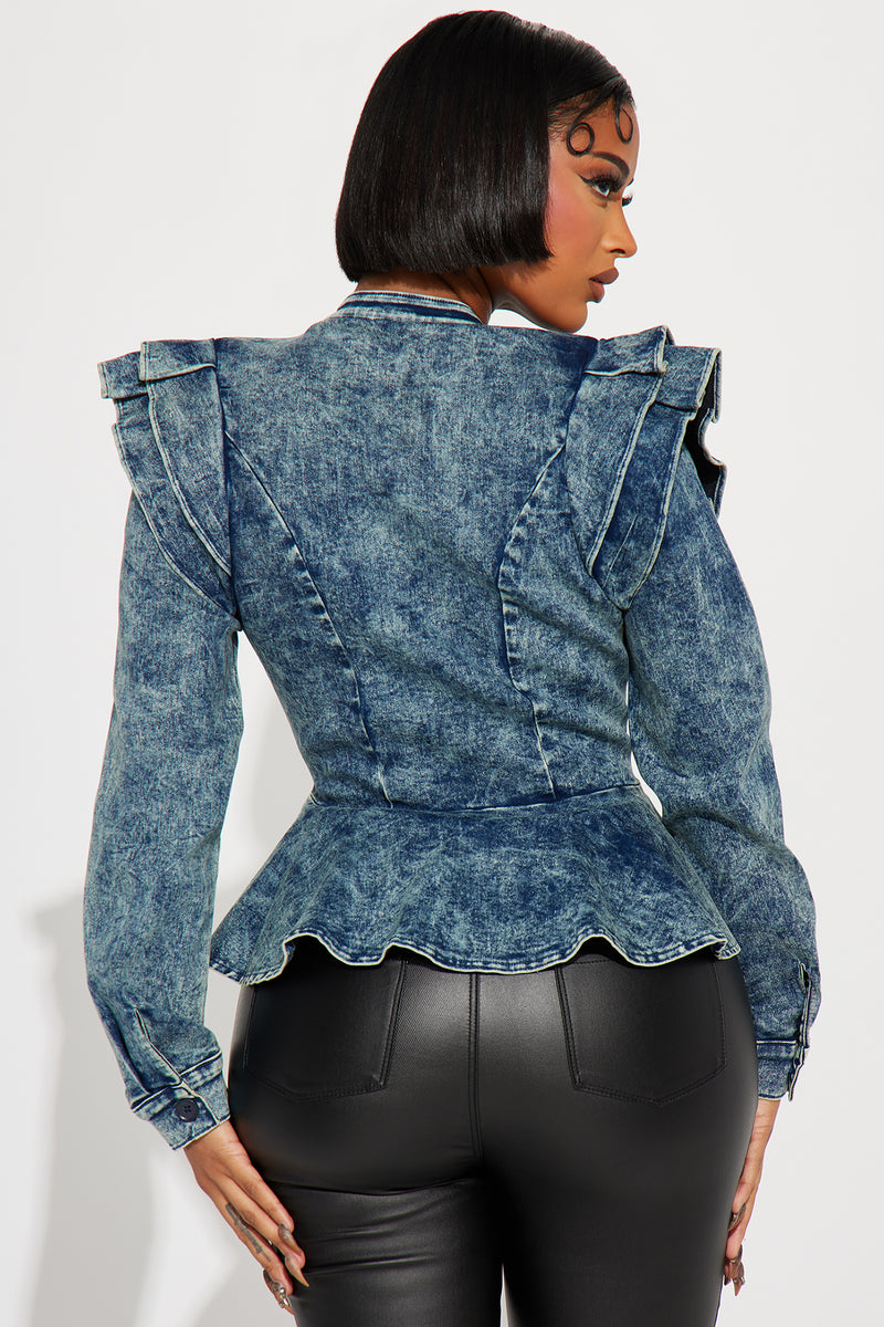 Denim Queen Peplum Jacket Medium Blue Wash Fashion Nova