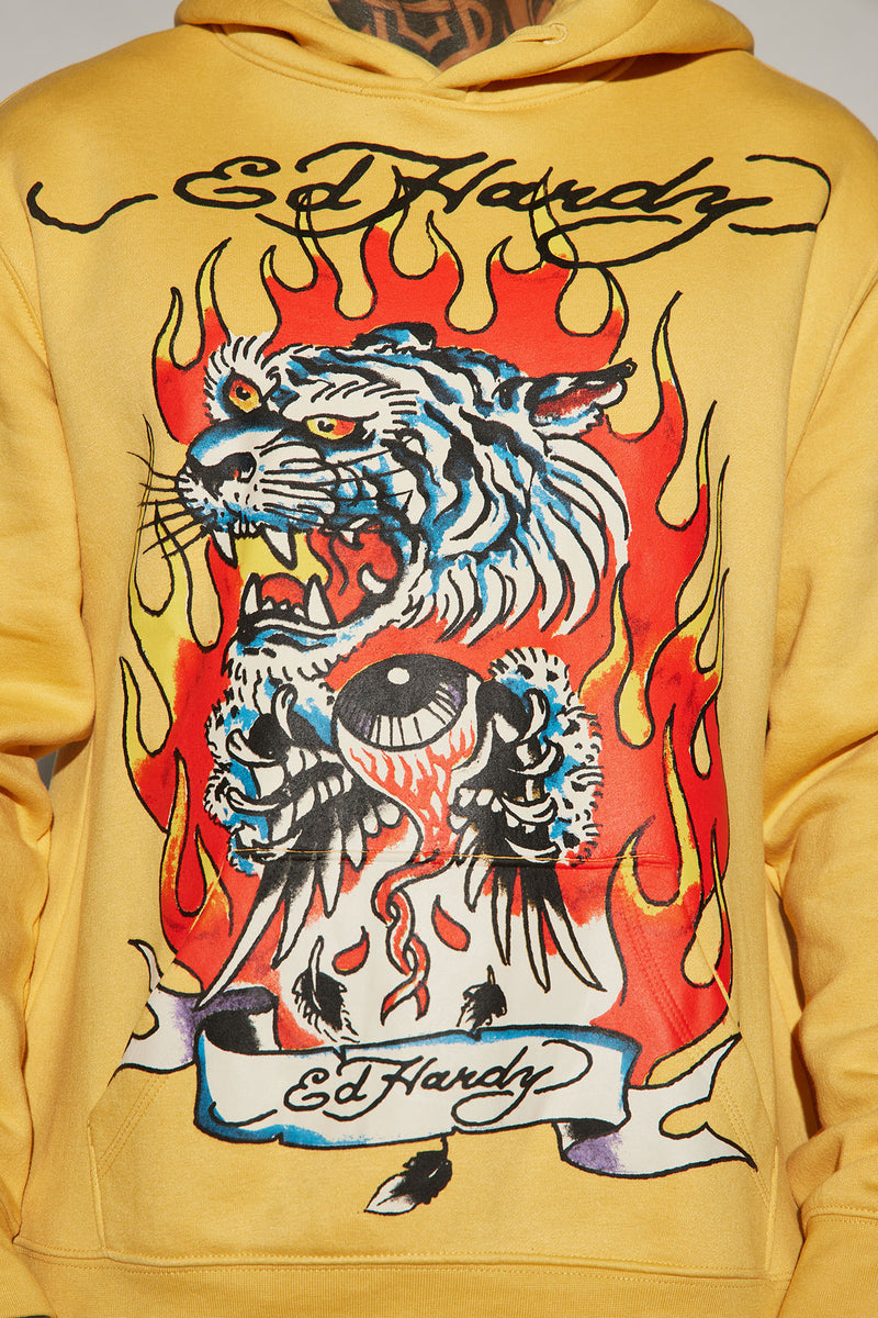Ed Hardy Fire Tiger Hoodie Yellow Fashion Nova Mens Screen