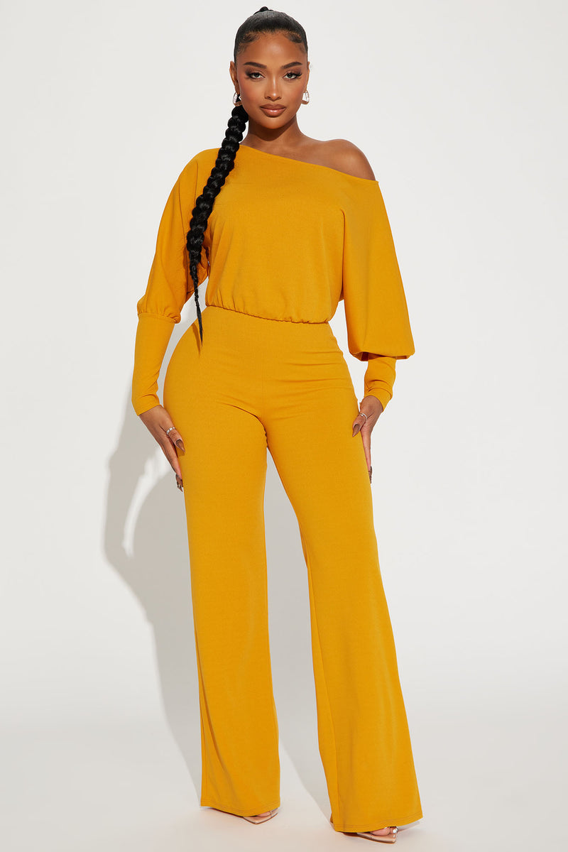 Mustard long 2025 sleeve jumpsuit