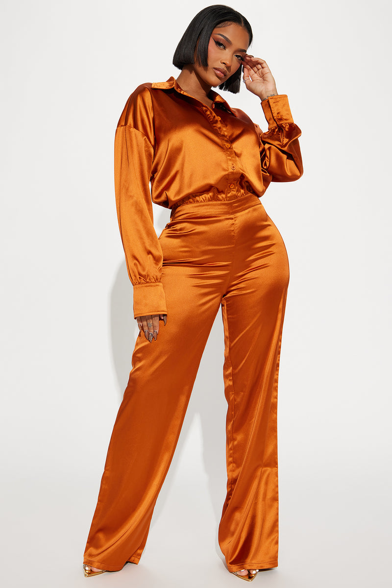 Set The Scene Satin Jumpsuit Copper Fashion Nova, Jumpsuits