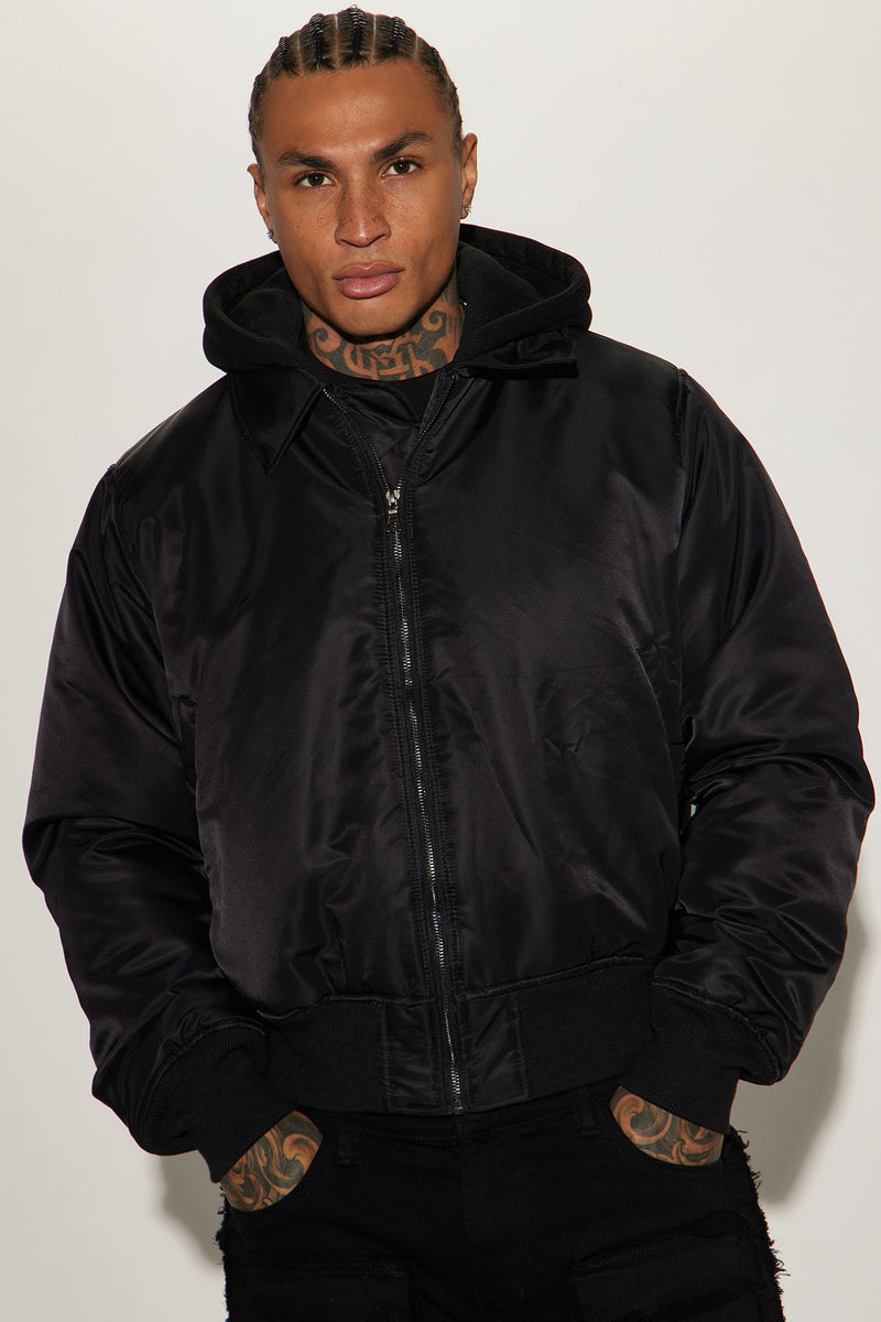 Black hooded sales bomber jacket