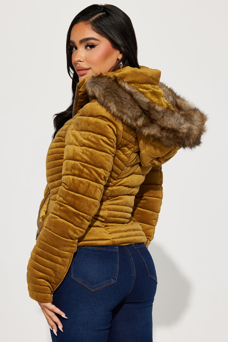 Gold puffer jacket on sale with fur hood
