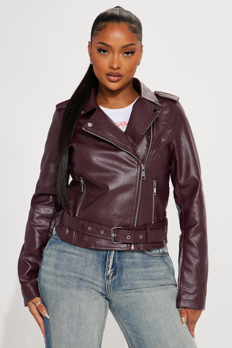 Women's burgundy leather outlet biker jacket