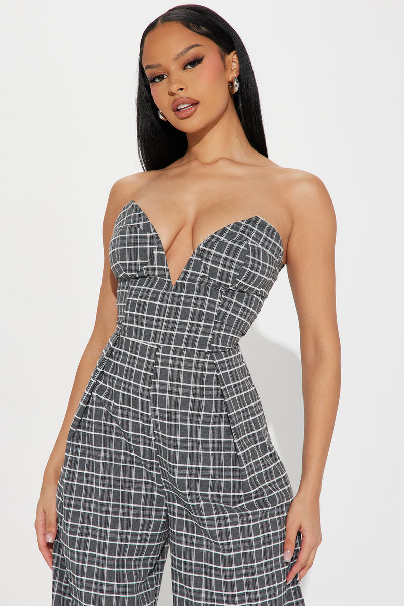 Let Me Out Plaid Jumpsuit Charcoal combo