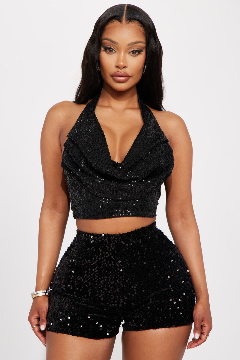 Zoey Sequin Halter Top Black Fashion Nova, Knit Tops Fashion Nova