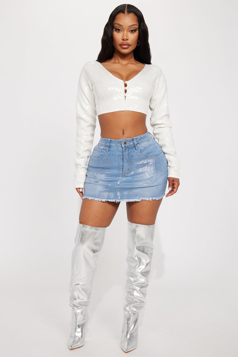 Focus On Me Foil Denim Mini Skirt Light Wash Fashion Nova
