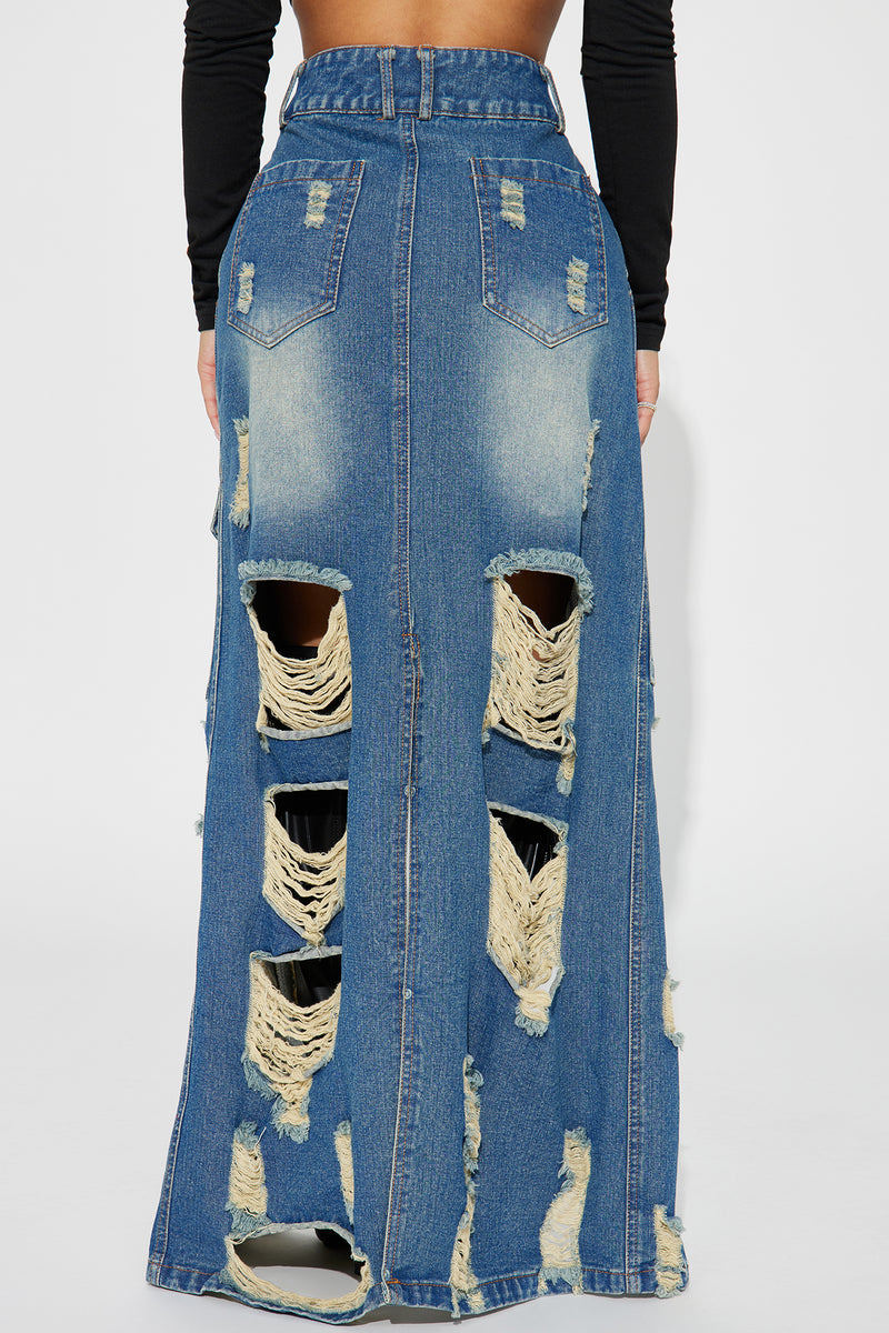 Athena Distressed Denim Maxi Skirt Dark Wash