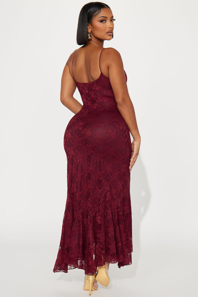 Maroon lace maxi dress sale