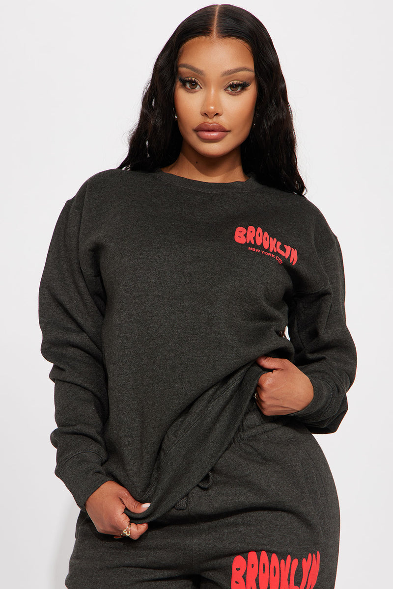 Brooklyn Puff Print Sweatshirt Charcoal Fashion Nova Screens