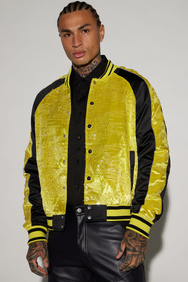 Stay Through Sequin Varsity Bomber Jacket Yellow combo Fashion