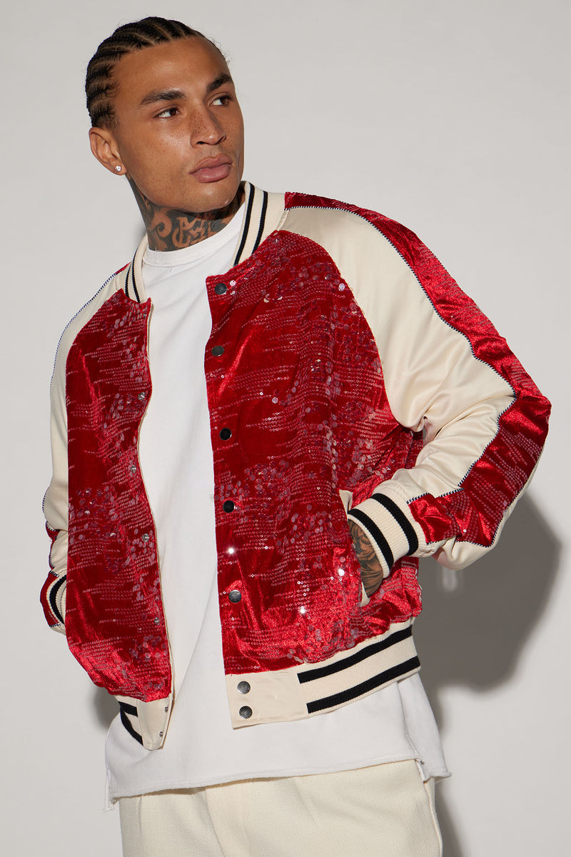 Mens red velvet bomber jacket on sale