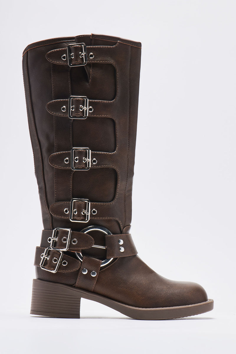 Gotta Buckle Down Knee High Heeled Boots Brown Fashion Nova