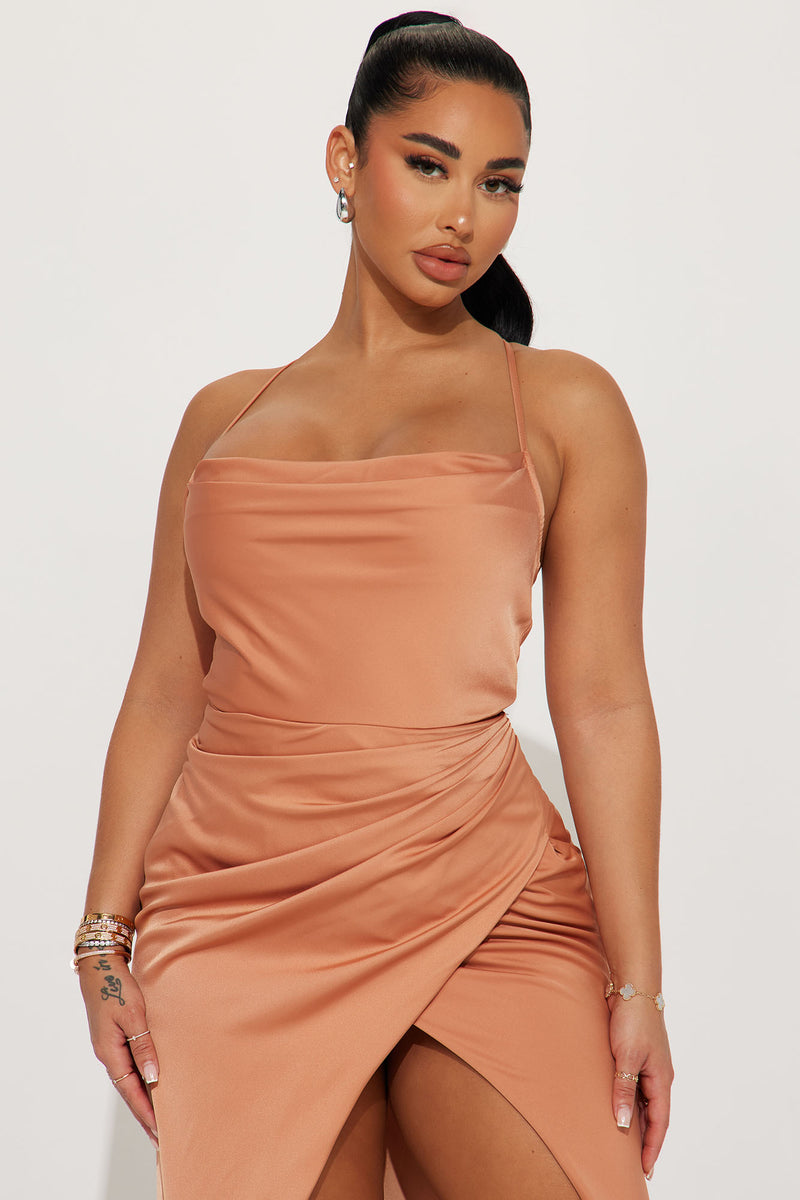 Cali Satin Gown Cognac Fashion Nova, Dresses Fashion Nova