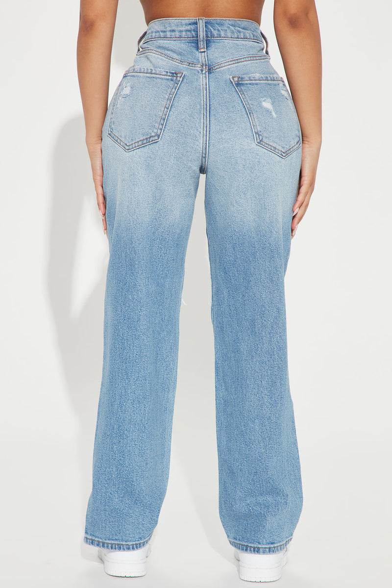 Women's Charley PU Patch Straight Leg Jeans in Light Wash Size 9 by Fashion Nova