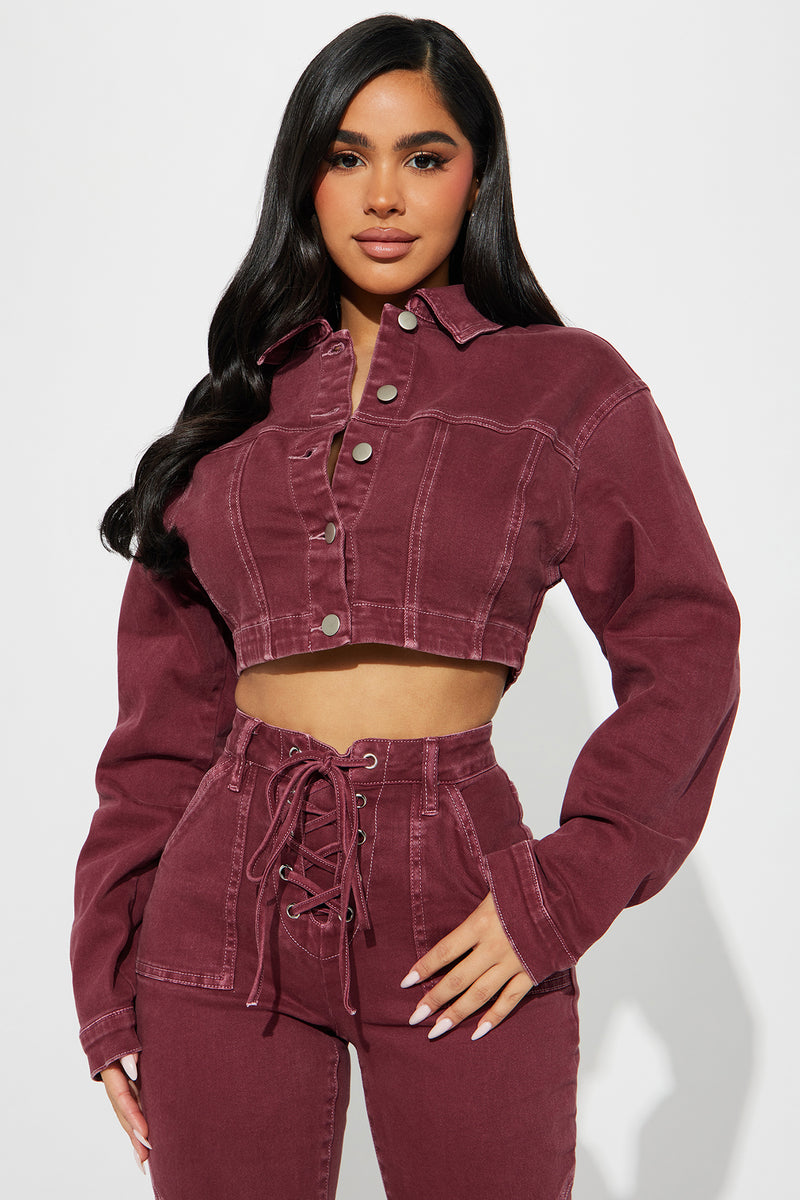 Wine red denim jacket clearance