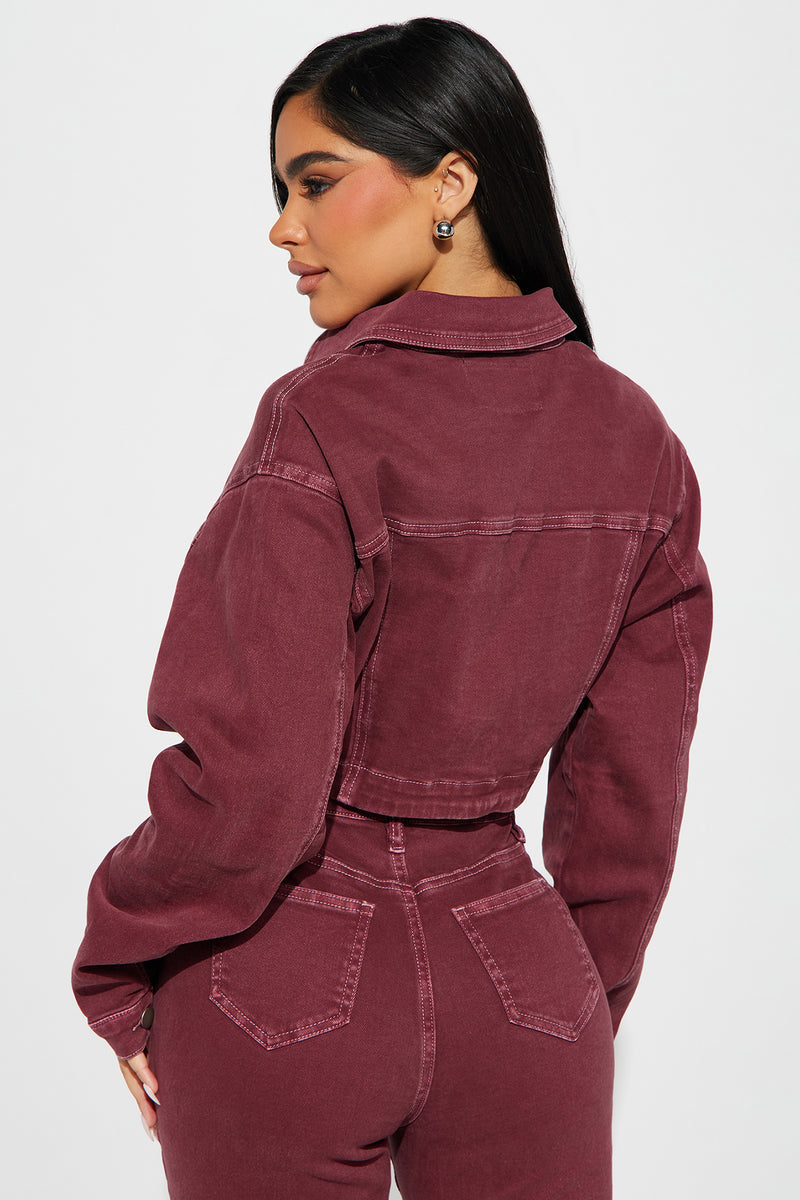 Burgundy cropped cheap denim jacket