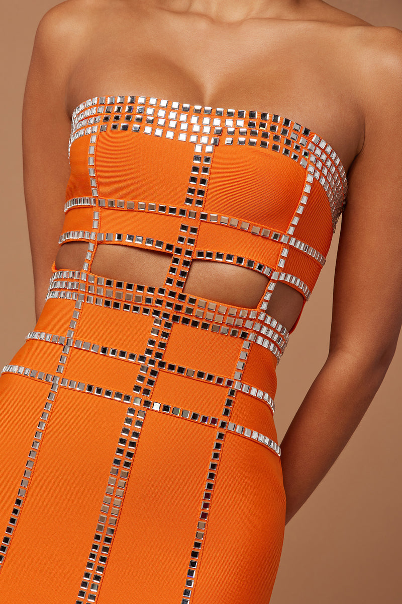 Luxury Rhinestone Square Neck Printed Bandage Mini Dress - Burnt Orange -  ShopperBoard