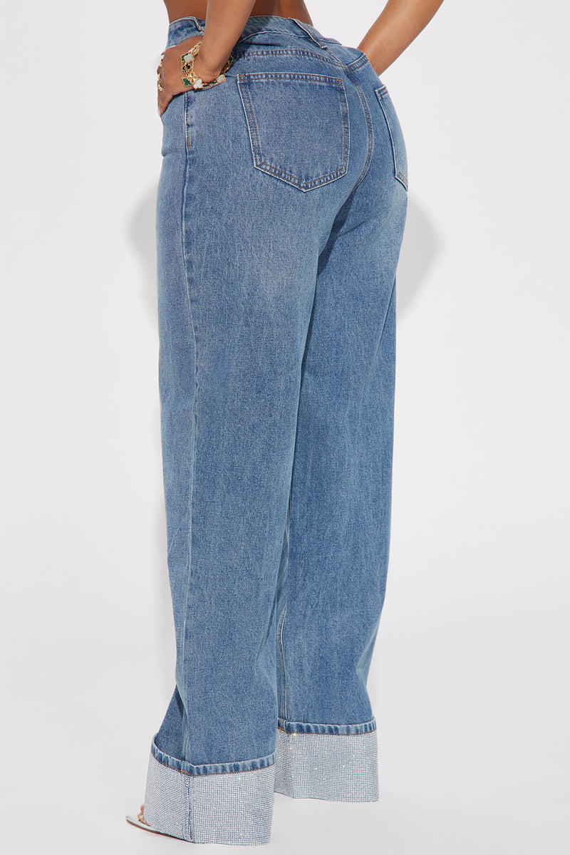 Influential Sparkle Baggy Straight Leg Jeans Medium Wash Fashion