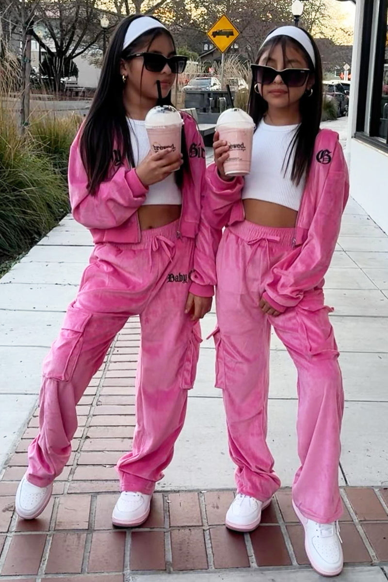 Pink and white velour baby girls fancy pants set.