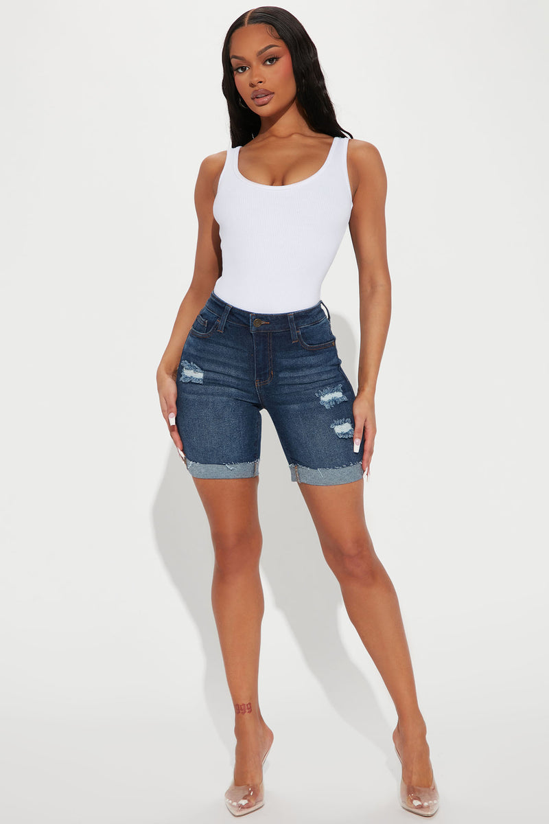Take A Chance Stretch Bermuda Denim Shorts Dark Wash