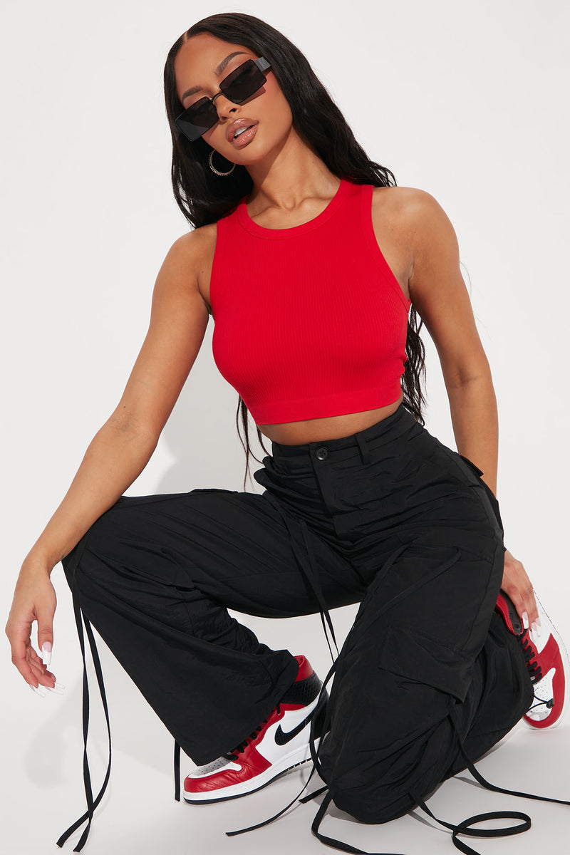 Red crop top and jeans sales