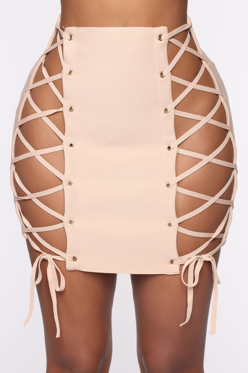 Dare I Show Lace Up Mini Skirt Taupe
