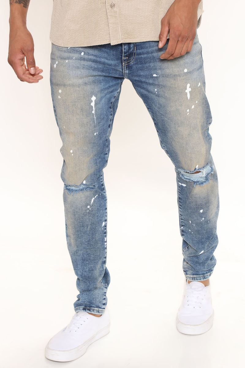 Clean Paint Splatter Skinny Jeans - Vintage Blue Wash