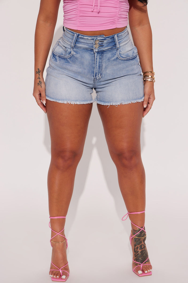Take It Easy High Stretch Cut Off Denim Shorts Light Wash