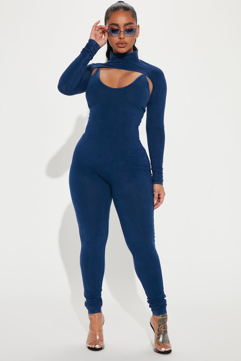 Short Sleeve Blue  Mineral-Wash Cotton Jumpsuit