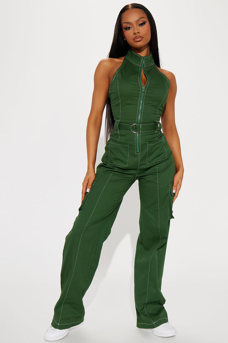 Green utility jumpsuit womens sale