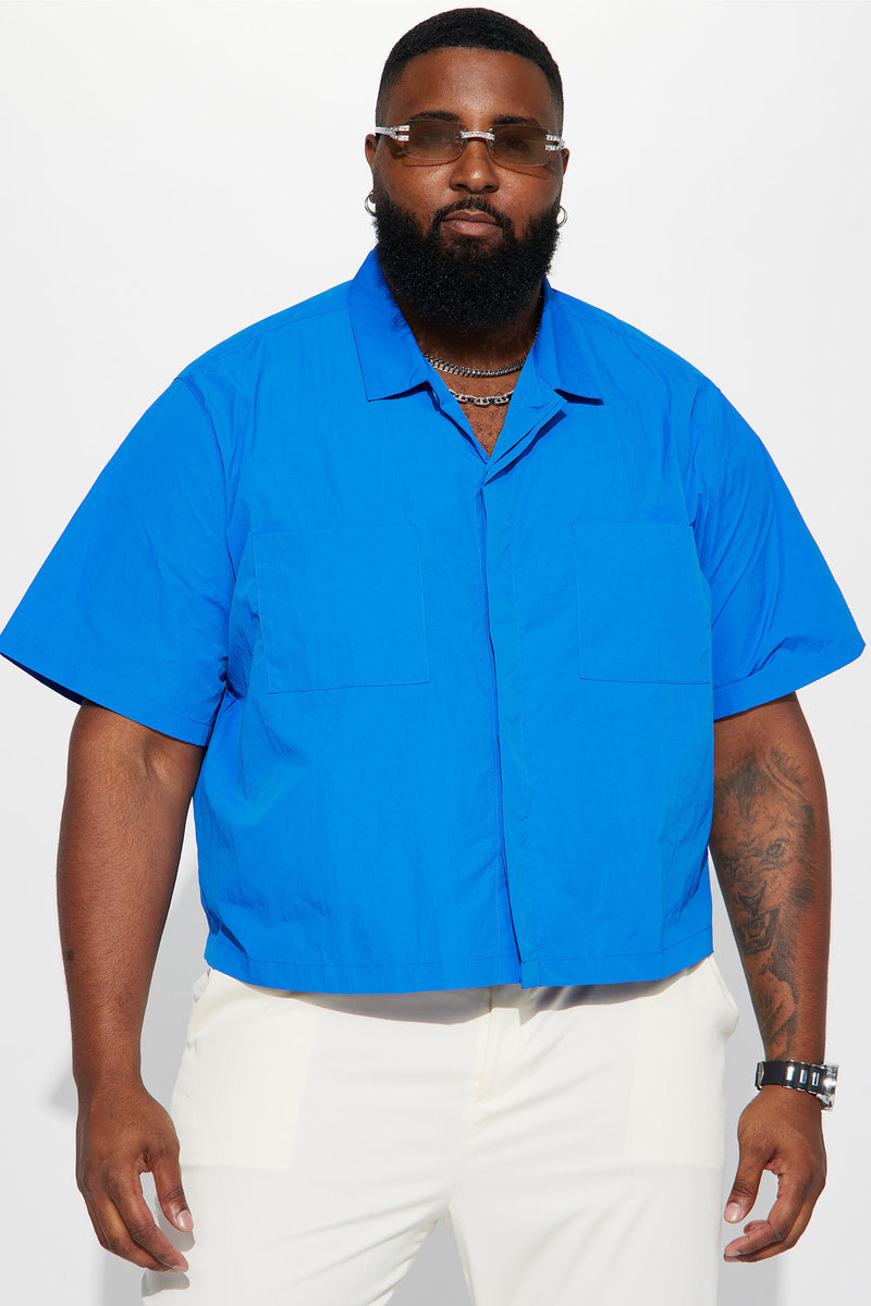 Rain Or Shine Cropped Nylon Button Up Shirt Blue Fashion Nova