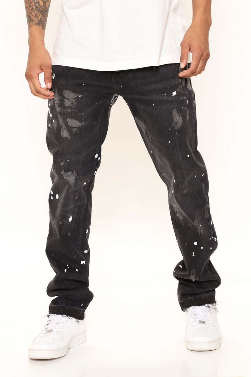 Mens black jeans with paint splatter top