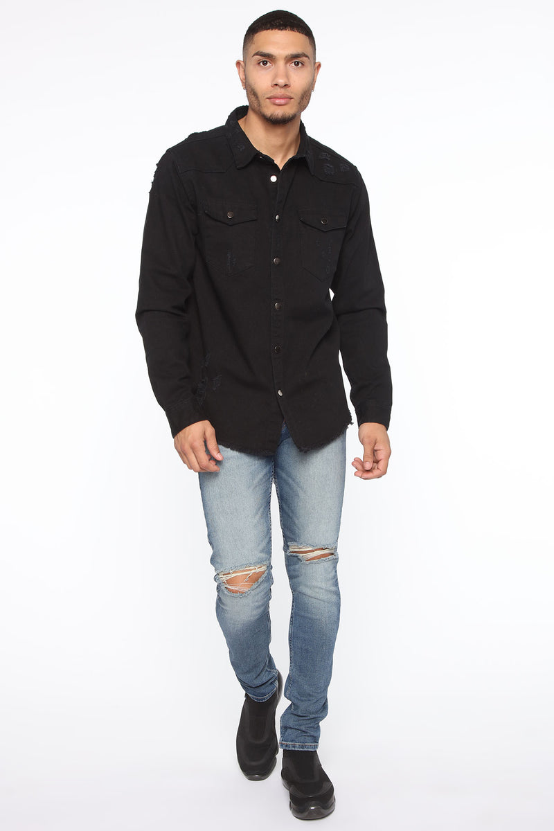 Distressed Denim Woven Top Black