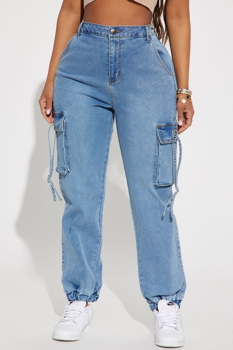 Stayin Ready Stretch Cargo Denim Joggers Medium Blue Wash