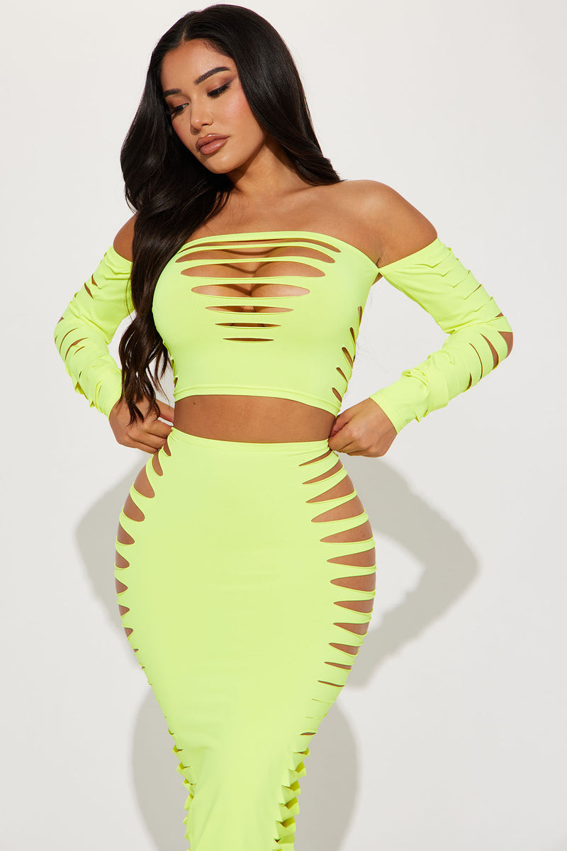 Neon yellow skirt set cheap