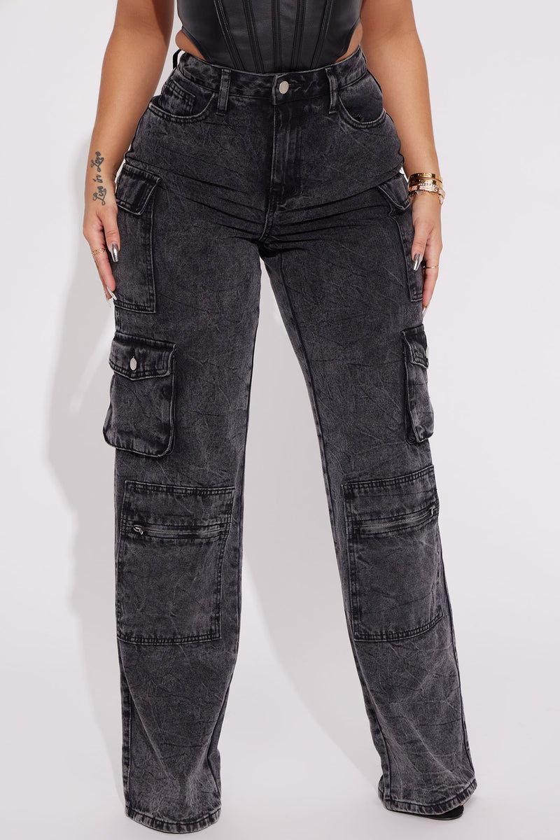 Mad For You Cargo Jeans Acid Wash Black