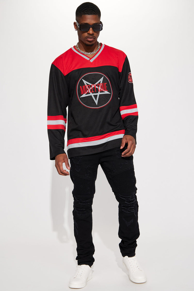 Men's Motley Crue All Star Hockey Jersey in Black/Red Size Large by Fashion Nova