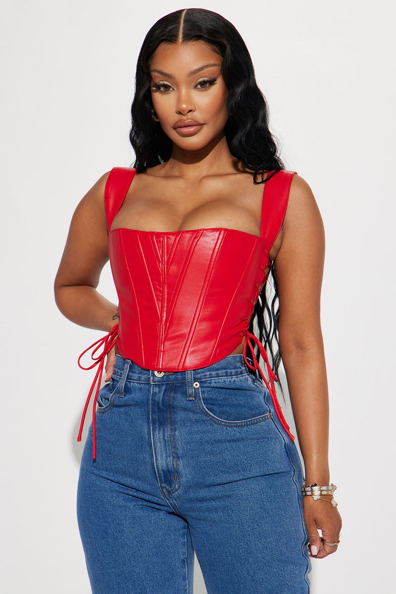 Side Struttin' Faux Leather Corset Top - Red, Fashion Nova, Shirts &  Blouses